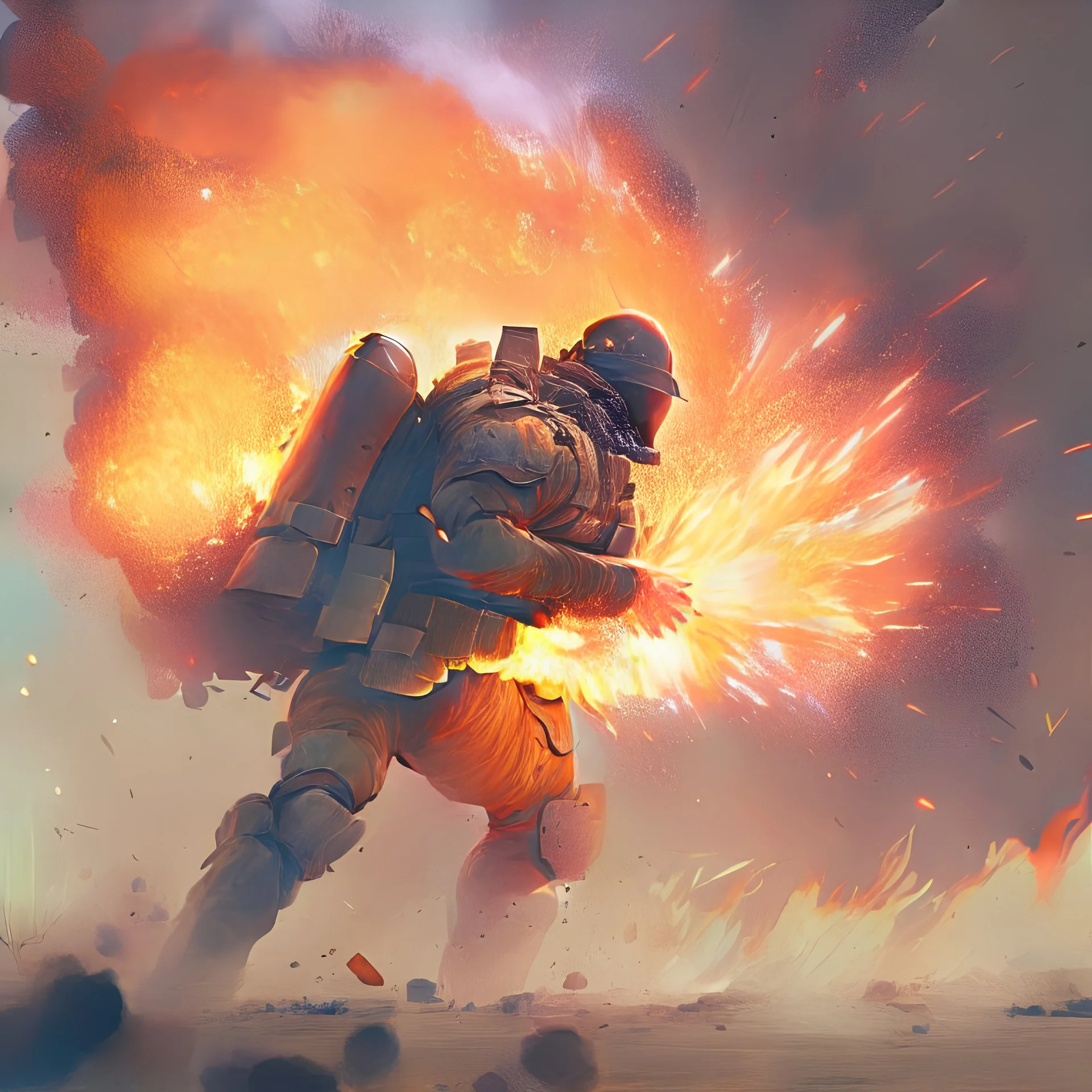 a giant fiery projectile spell effect hitting a soldier