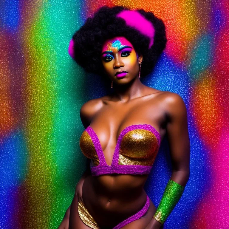 full body shot, masterpiece, best quality, black skinned, adult woman, sparkling eyes, fluorescent skin, colorful makeup, afro, highly detailed body, afrofuturism, scifi, sun light, 4K, RAW, depth of field, high contrast, realistic details, 24mm