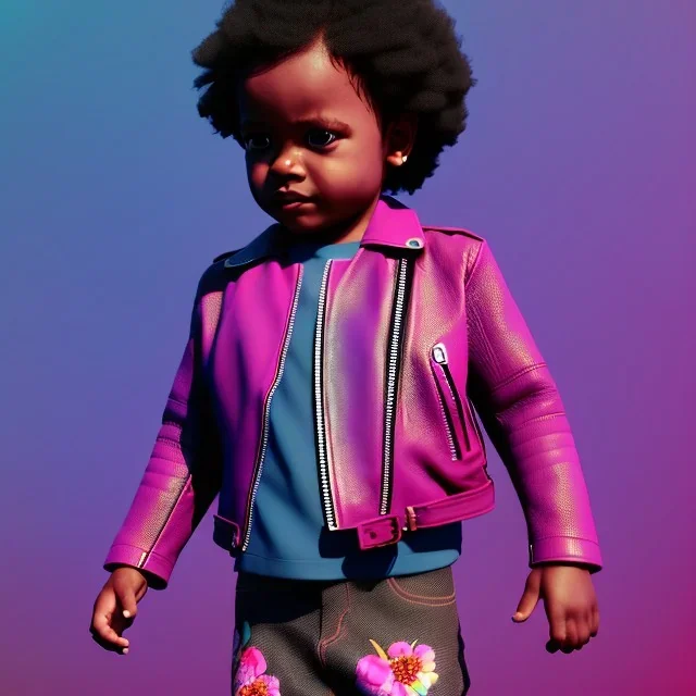 Zaire beetz toddler, full body, leather jacket, floral shirt, floral skirt, Nike sneaker, soft skin, city background, dramatic lighting, hyper realistic