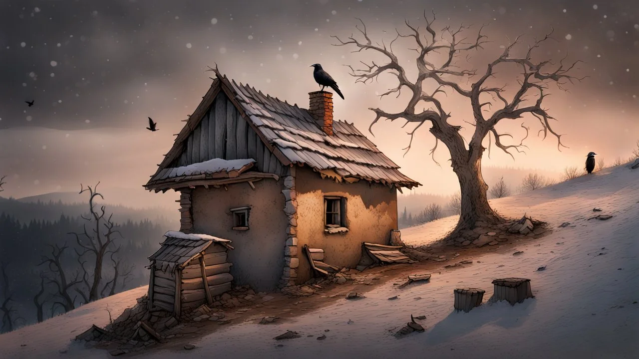 a lonely old adobe hut with worn adobe brown-gray wall and a small window, a crumbling roof, an old chimney stands on a hill, next to it is a small woodshed by the wall, and an old withered tree leans over the hut on thr old tree sitting a black crow, the hut stands on the edge of a European forest, winter, snowy landscape, low light, dawn, snow, high detailed, sharp focus, high realistic, perfect photo