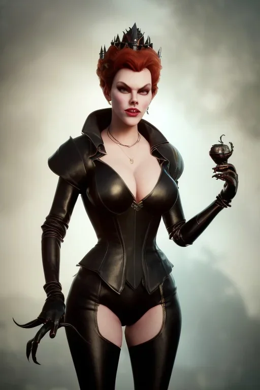 Hannah Waddingham as evil queen in black leather, busty, cleavage, voluptous, rebecca Welton, angry, stern look. character design by cory loftis, fenghua zhong, ryohei hase, ismail inceoglu and ruan jia. unreal engine 5, artistic lighting, highly detailed, photorealistic, fantasy