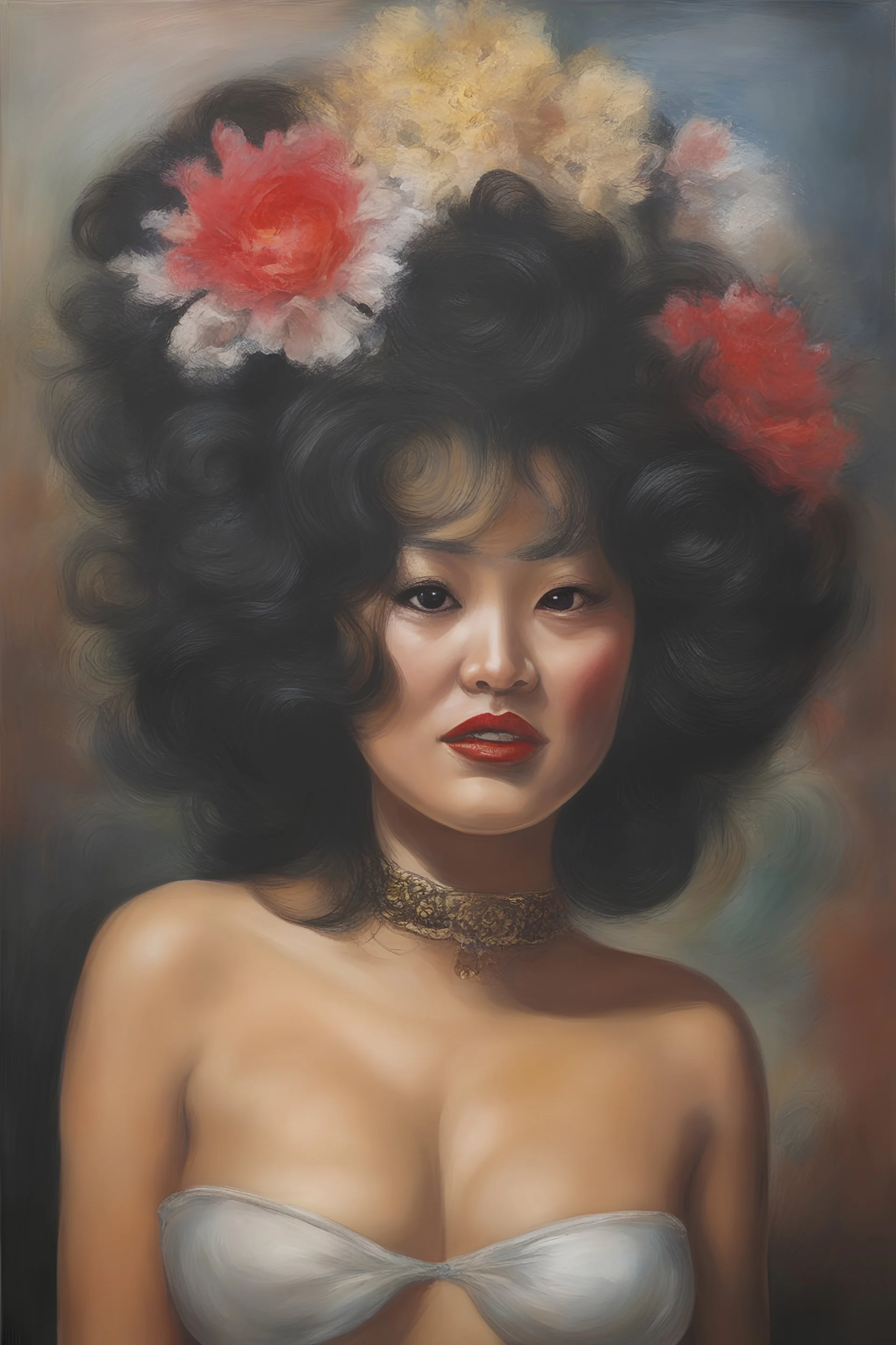 a mixture of ChineseJapaneseKoreanFilipinoThai, prostitute, oil painting by a giant hairball with Marty Feldman eyes