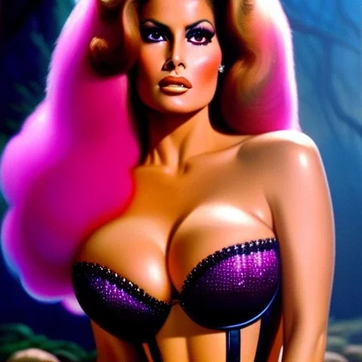 Ultra detailed fullbody Portrait in oil on canvas of beautiful busty RAQUEL WELCH with Dynamic CottonCandy Filigree Hair,intense stare,wearing tight corset,extremely detailed digital painting, extremely detailed face,crystal clear Big eyes, mystical colors ,perfectly centered image, ,perfect composition, rim light, beautiful lighting,masterpiece,16k, stunning scene, raytracing, anatomically correct, in the style of robert e howard and Ken Kelley and Ohrai Noriyoshi and Simon Bisley