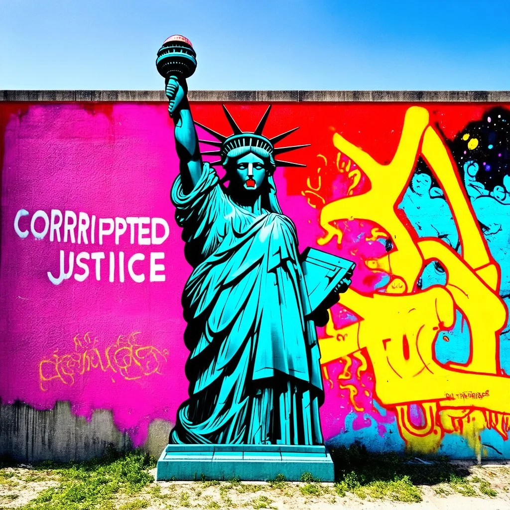 Digital photography of a concrete wall with bright colorful graffiti tagged by "CORRUPTED JUSTICE", eschatological corrupted statue of liberty gaping maw biomechanical tentacles, cosmic horror aesthetic, style of Os Gemeos and style of Phlegm