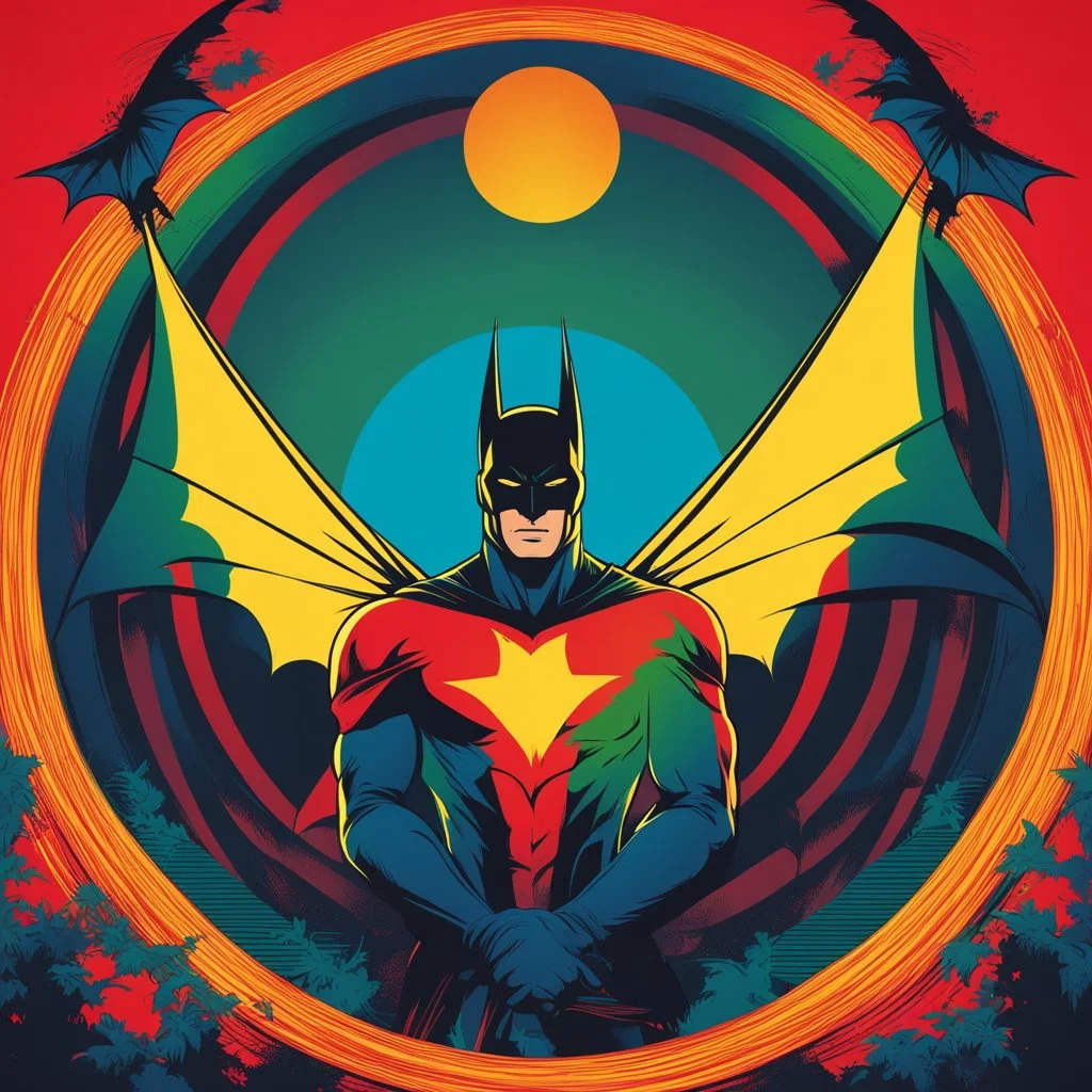 Ilustración vectorial de Batma, colores contrastantes, rojo, amarillo, verde, azul