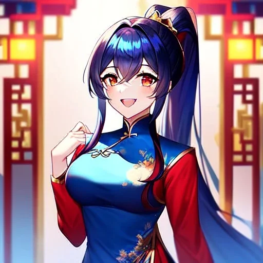 Clear focus, 8k, high quality, detailed, beautiful lighting, girl, vibrant colors, blue long hair, vibrant red eye, vibrant golden eye, chinese clothes, ponytail, laughing