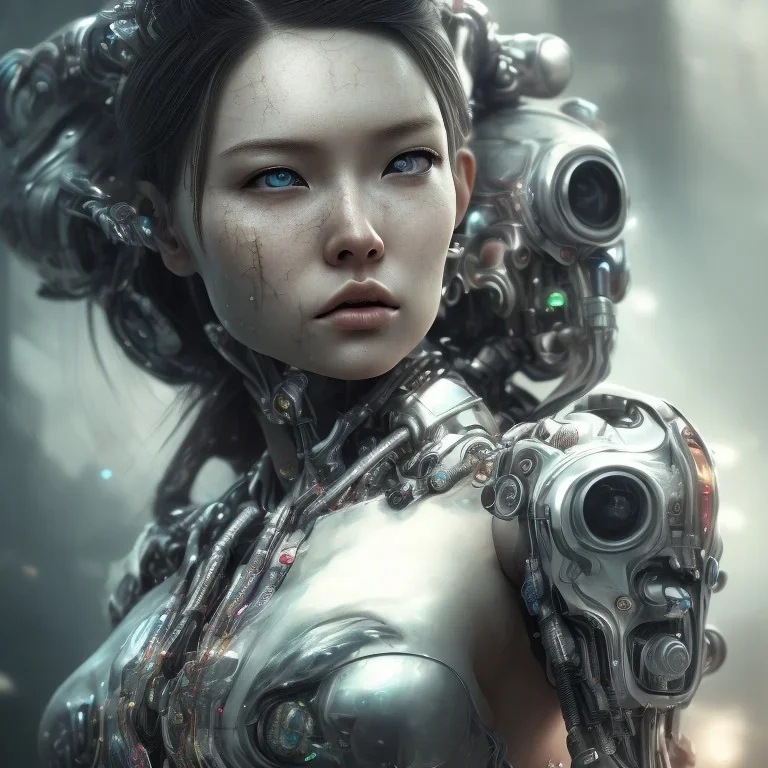 portrait closeup face half hitomi tanaka half cyborg middlecyborgs post-apocalypse in a cyberpunk city, sci-fi fantasy style, volumetric lighting, particales,highly detailed,cinamatic, deep colours,