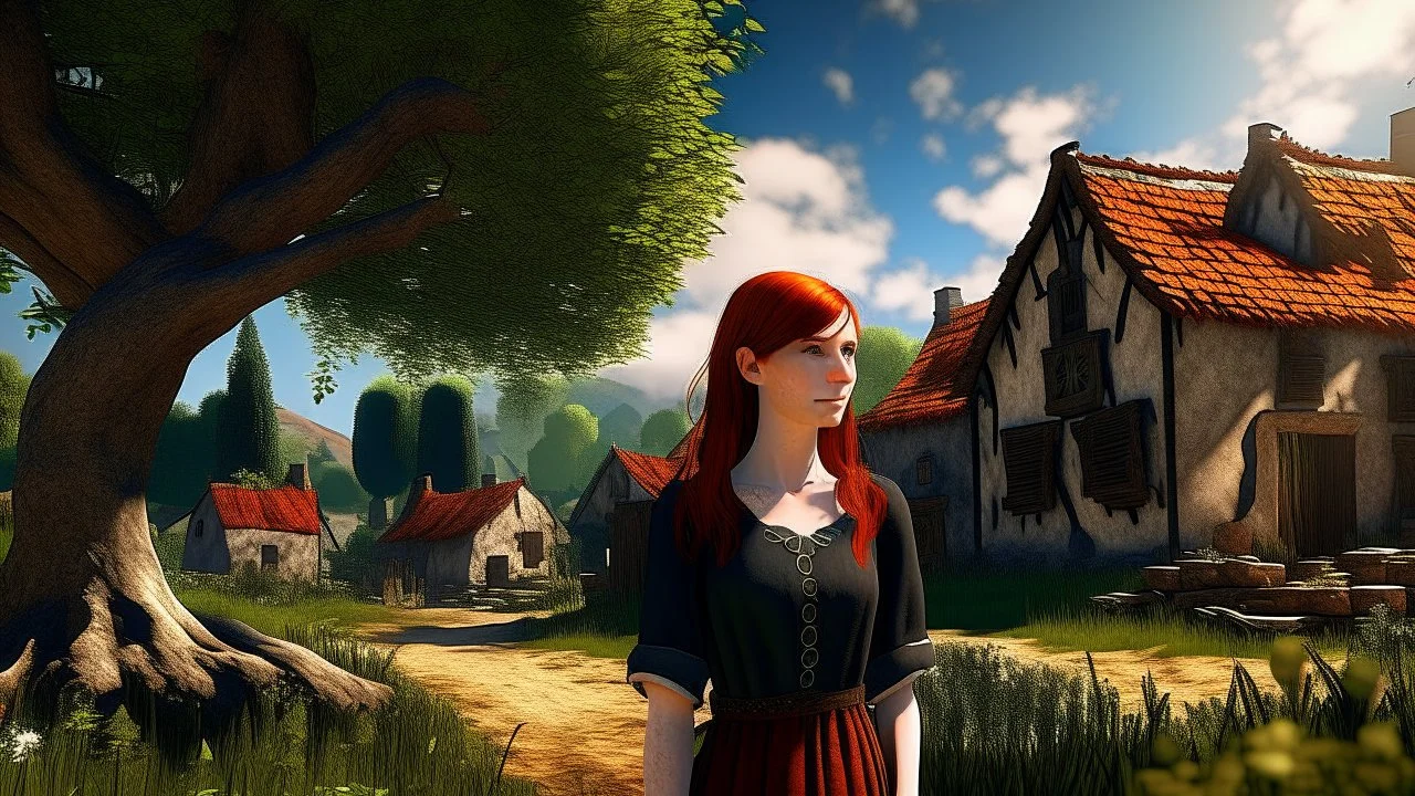A photorealistic image of a red-haired, slender woman standing in a village green, surrounded by many thatched cottages, next to a large tree. Sunny day.