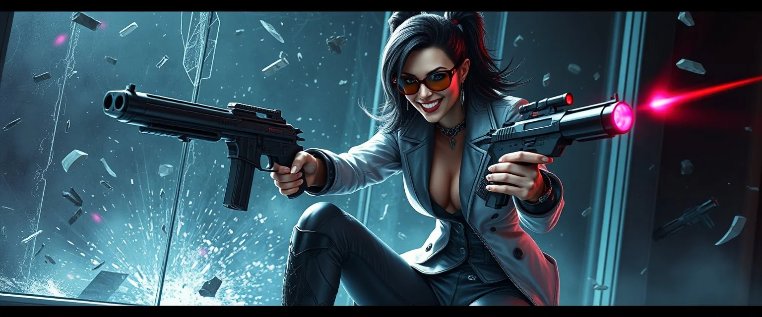 airbrush 3d rendering, mafia cyberpunk stylish lady dr smick Vex is now officially in stasis. No experiments. No clones. No accidental galaxy-ending breakthroughs. sci fi guns and rays, shattering glass background, flying debris, wicked smile, and low crouch pose