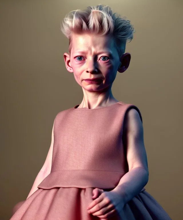 Tilda swinton toddler, full body, shoe, dress, soft skin, dramatic lighting, hyper realistic