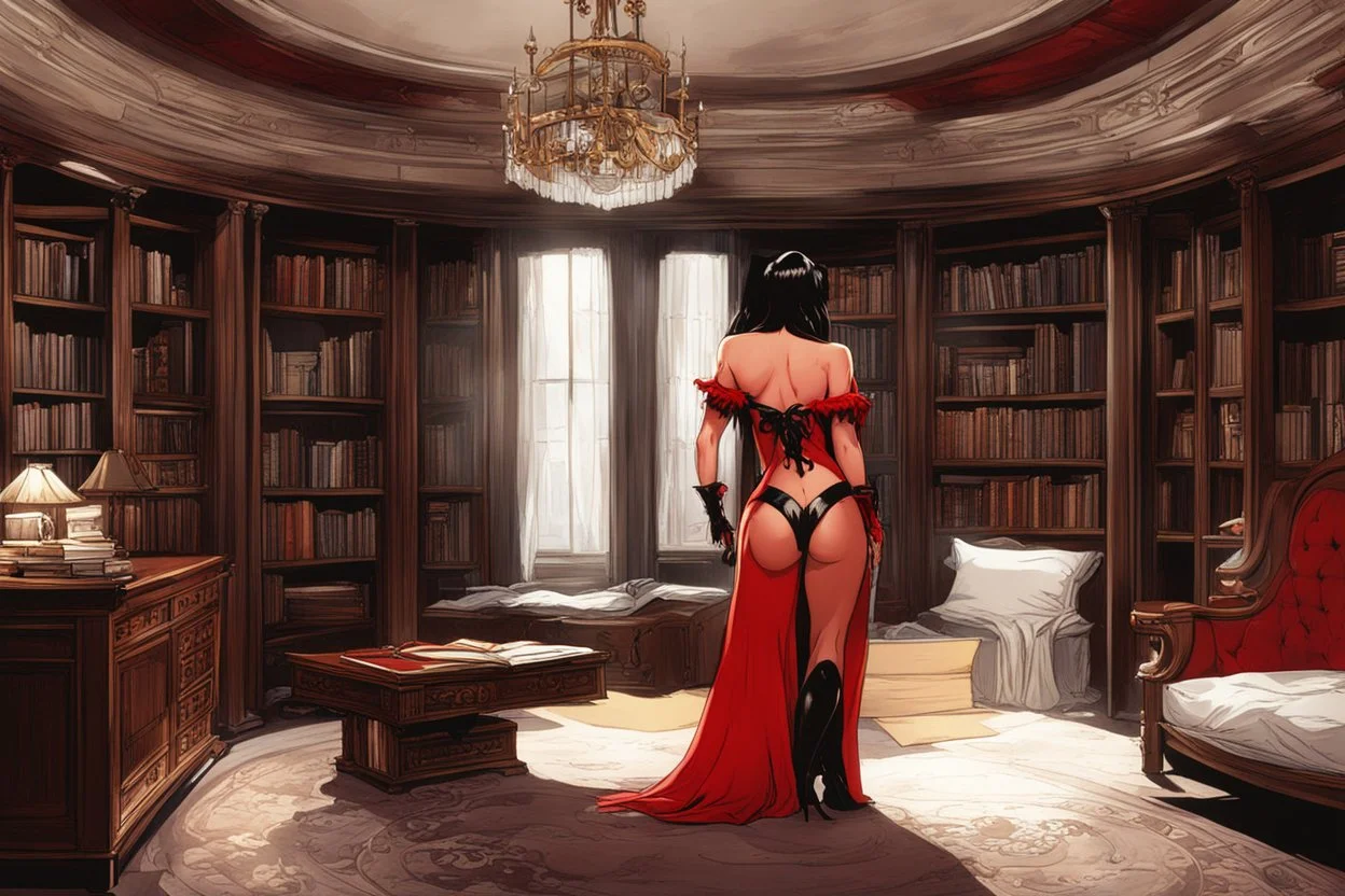 Vampirella in a bedroom with wooden furniture, bookcases and opulence