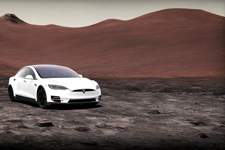 A Tesla 'Model Y' is racing at top speed, at the lunar landing site of the 'Apollo 11'. (CINEMATIC, WIDE ANGLE LENS, PHOTO REAL)