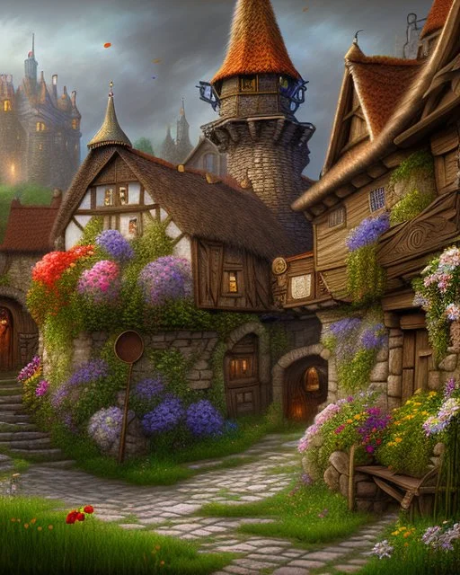 medieval fantasy village with flowers rpg art painterly