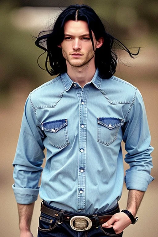 A man with long black hair, blue eyes, wearing a cowboy shirt and blue jeans