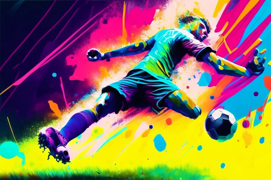 Oil painting, football match, the striker is kicking a goal, the ball is flying, bright but not neon colours, dynamic lines, dynamic blobs, spots, lines in the background of the character, like a colour explosion