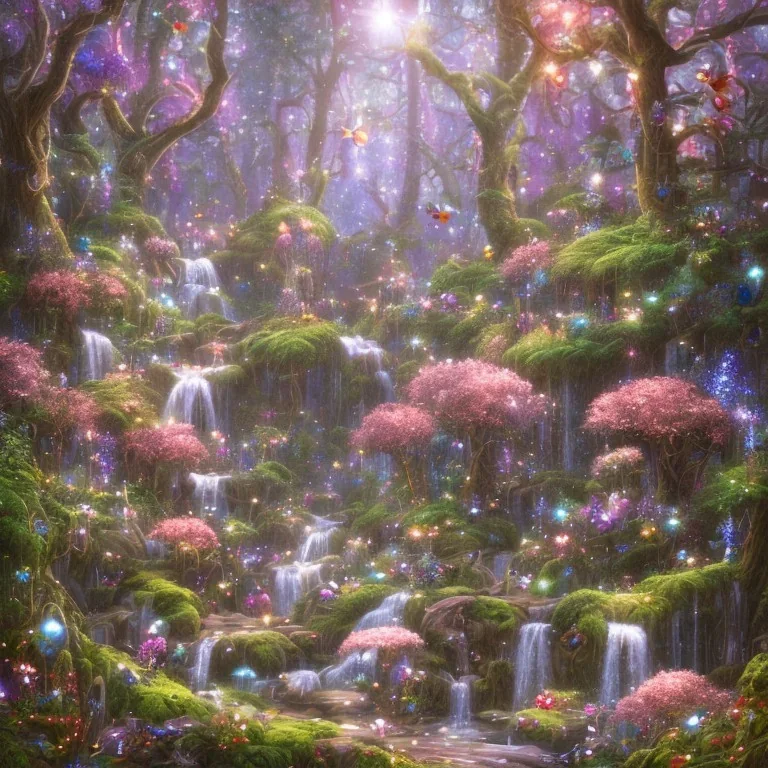 magical forest with sparkle and jewel butterflies and flowers and pink mushrooms waterfall