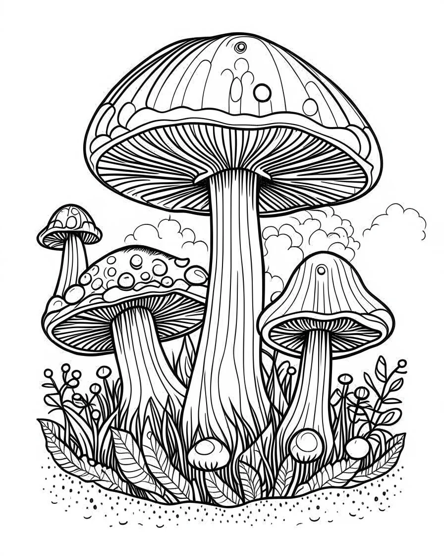 mushroom world minimalistic landscape. line art, background, vector, svg, coloring book page style, black outline on white background