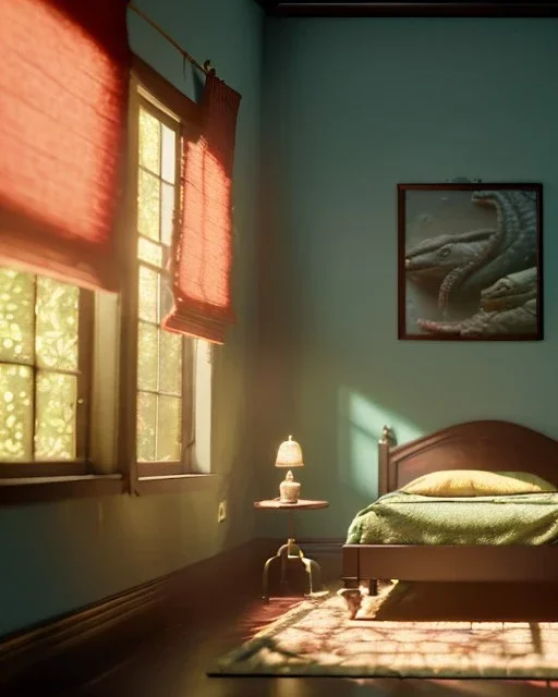 Room scene with alligator sleeping, Wes Anderson styler, realistic image, concept art, smooth, unreal engine 5, god lights, ray tracing, RTX, lumen lighting, ultra detail, volumetric lighting, 3d.