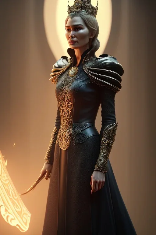 Cersei Lannister as evil queen in black leather coat, busty, cleavage, voluptuous, lena headay, angry, stern look. character design by cory loftis, fenghua zhong, ryohei hase, ismail inceoglu and ruan jia. unreal engine 5, artistic lighting, highly detailed, photorealistic, fantasy