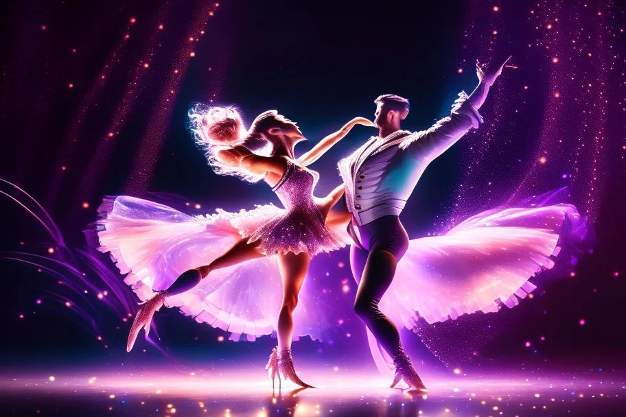 very beautiful a ballet male and female dancers couple in very pretty clothing dancing ,hyper realistic ,disco lights,very luxury dance stage ,with nice light sources and devices in stage, close up