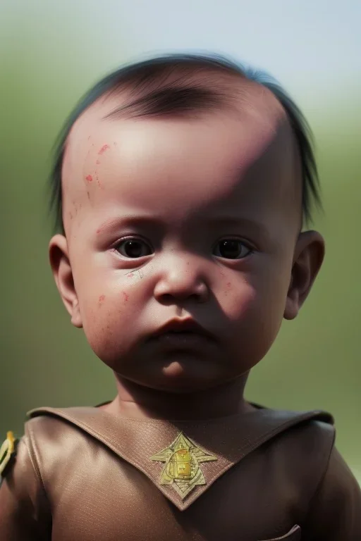 baby head portrait, warrior costume, village, meditation, woods, cyberpunk, 8k quality