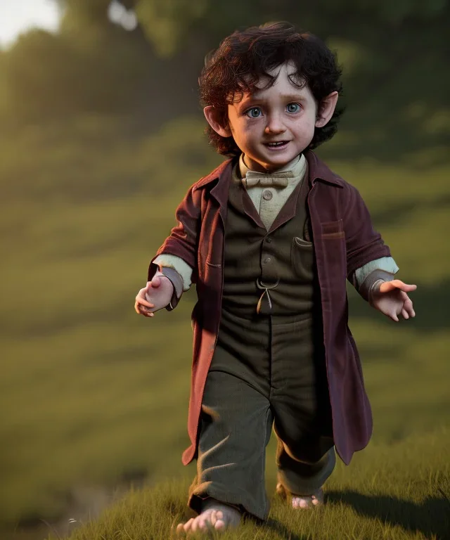 Frodo baggins toddler, full body, dramatic lighting, hyper realistic