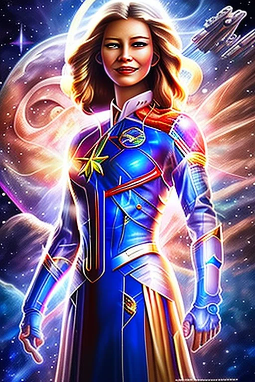 cosmic woman smile, admiral from the future, one fine whole face, crystalline skin, expressive blue eyes,rainbow, smiling lips, very nice smile, costume pleiadian, Beautiful tall woman pleiadian Galactic commander, ship, perfect datailed golden galactic suit, high rank, long hair, hand whit five perfect detailed finger, amazing big blue eyes, smilling mouth, high drfinition lips, cosmic happiness, bright colors, blue, pink, gold, jewels, realist, high commander