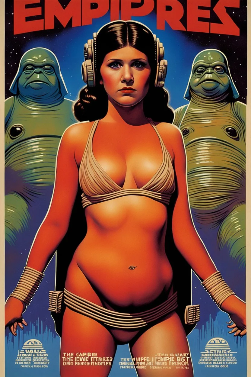 concert poster for movie: "the empire strikes back" featuring young carrie fisher as Princess leia in her slave bikini costume in Jabba the hutt's, retro futurism lowbrow