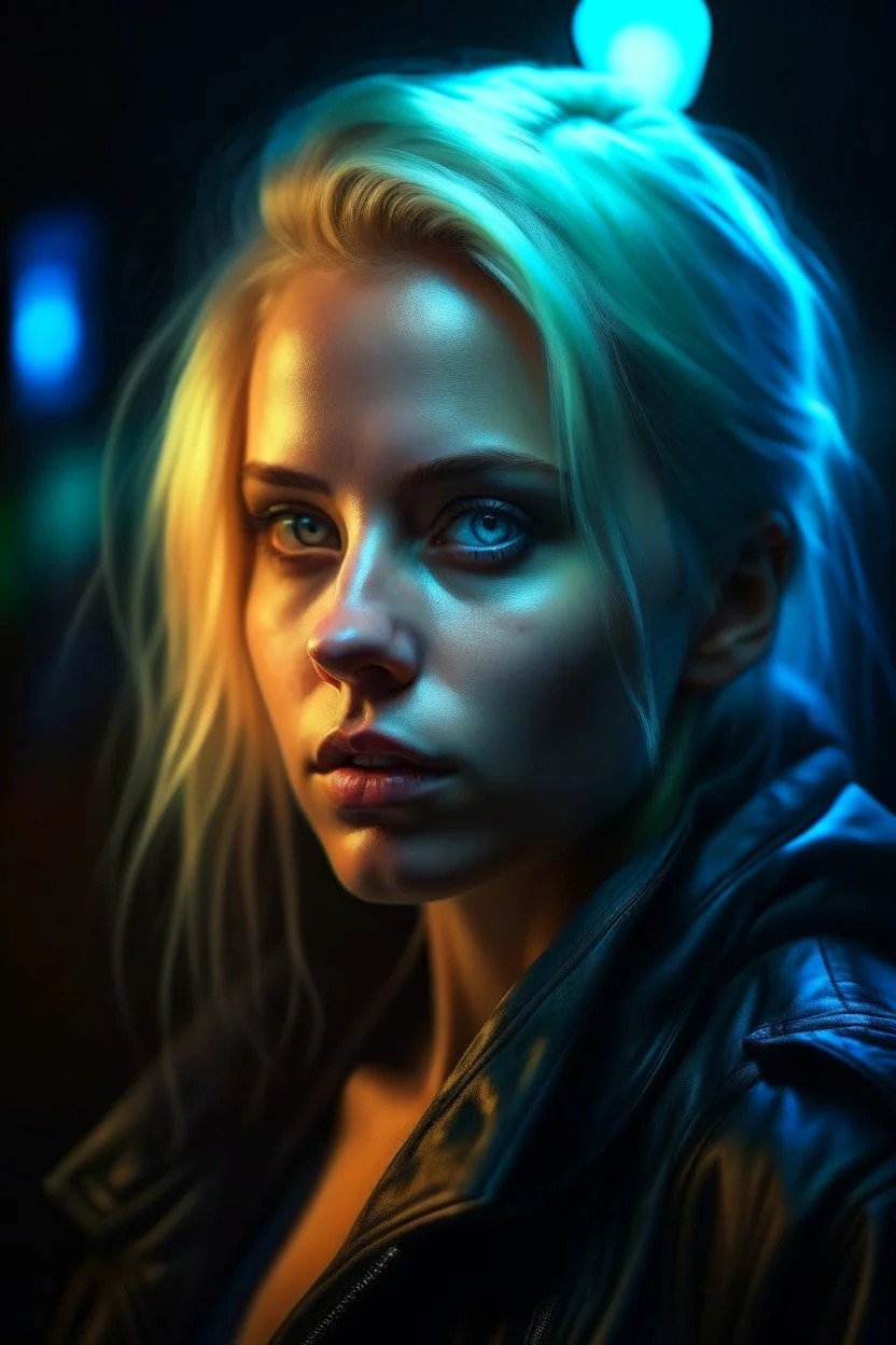 hyper real oil painting of blonde cyberpunk Malkavian vampire portrait with clear blue-green eyes in spotlight feeling in control, zeiss prime lens, bokeh like f/0.8, tilt-shift lens 8k, high detail, smooth render, down-light, unreal engine, prize winning