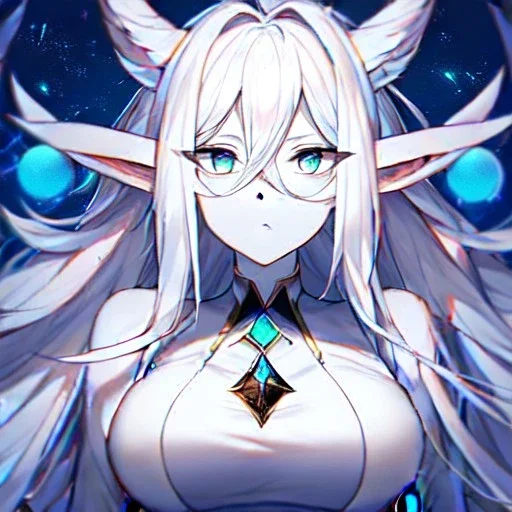 cosmic mage, elf, female, battle mage, epic, cosmic magic, long ears, white hair, face details, pale skin, jewellery, broad shoulders, sharp ears, cosmic clothes, cosmic eyes, ears shown, light out of eyes, the cosmos in eyes, stars in eyes, shining eyes, non human face, thin face, animation, detailed ears, magical eyes, non realistic, closed mouth, bigger make up, smile