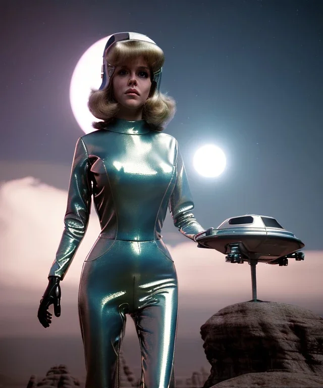 Ultra Realistic retro sci-fi image from 1960, spaceship, sweet young Jane Fonda woman, dress with tight latex suit and retro glass helmet, Retro sci-fi style, soft color, highly detailed, unreal engine 5, ray tracing, RTX, lumen lighting, ultra detail, volumetric lighting, 3d, finely drawn, high definition, high resolution.