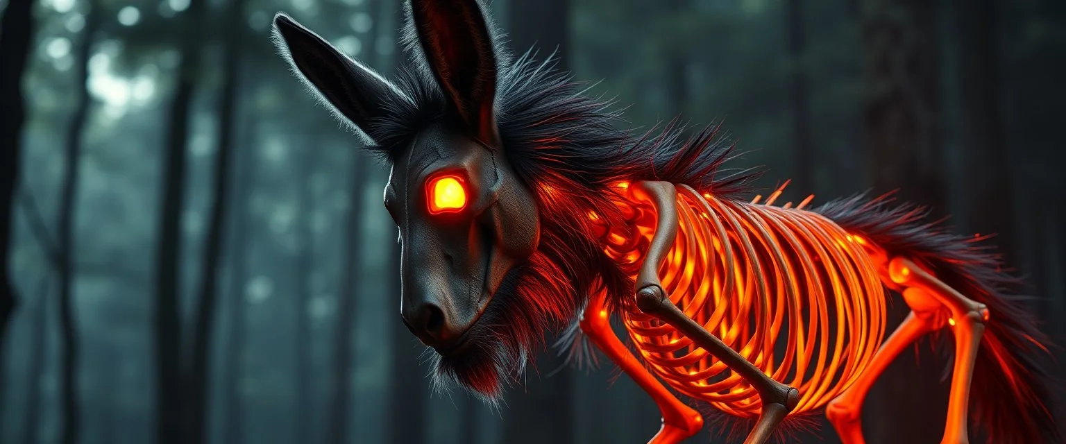 radiant werewolf donkey thick Skeleton with lotsa fluffy fur, motion blur background dark forest