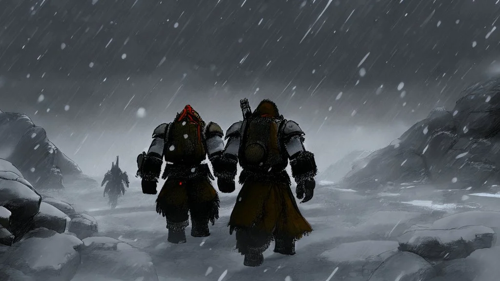 3 Warriors in blizzard, from behind, comic style