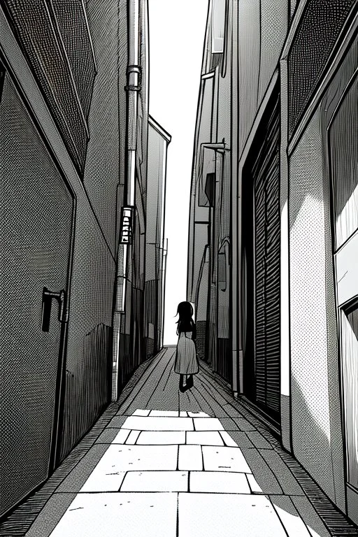 girl in an alley, wide angle view, greyscale