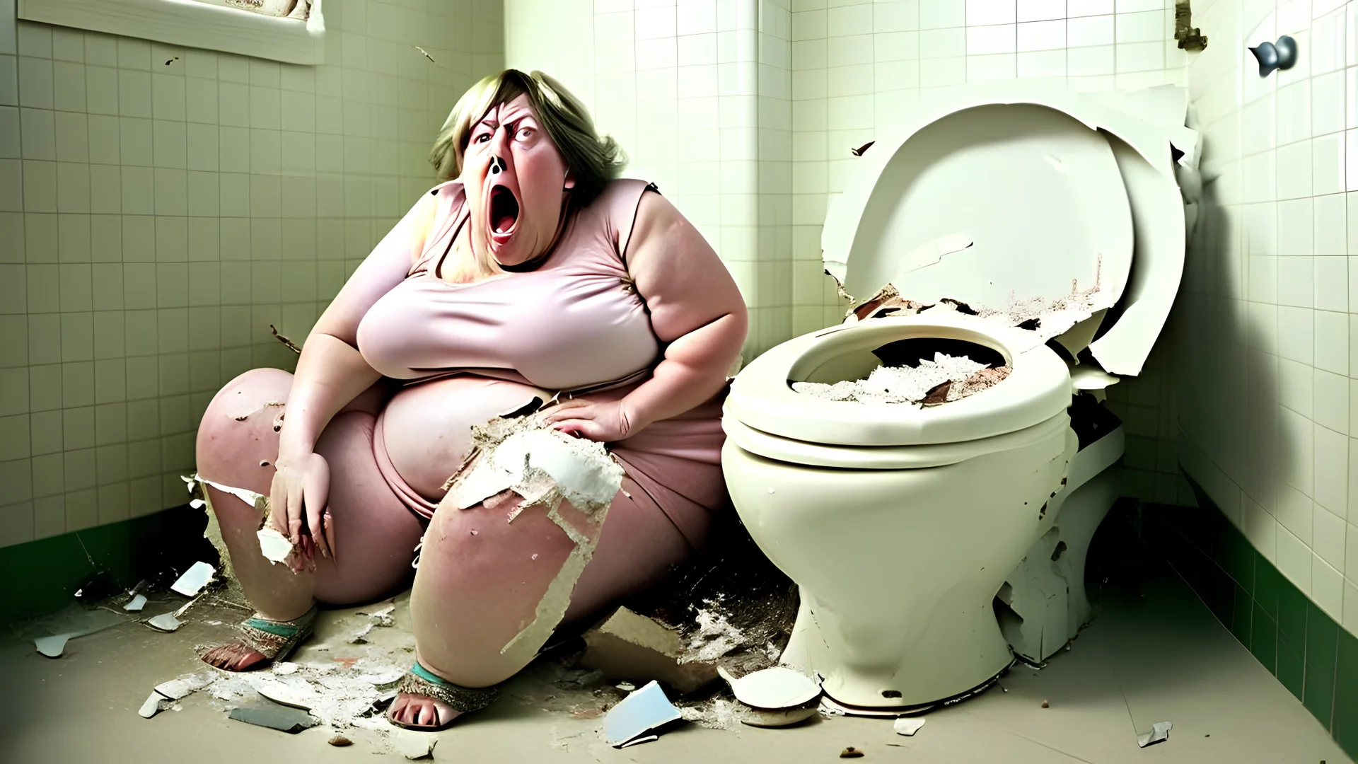 big lady sits on shattered toilet