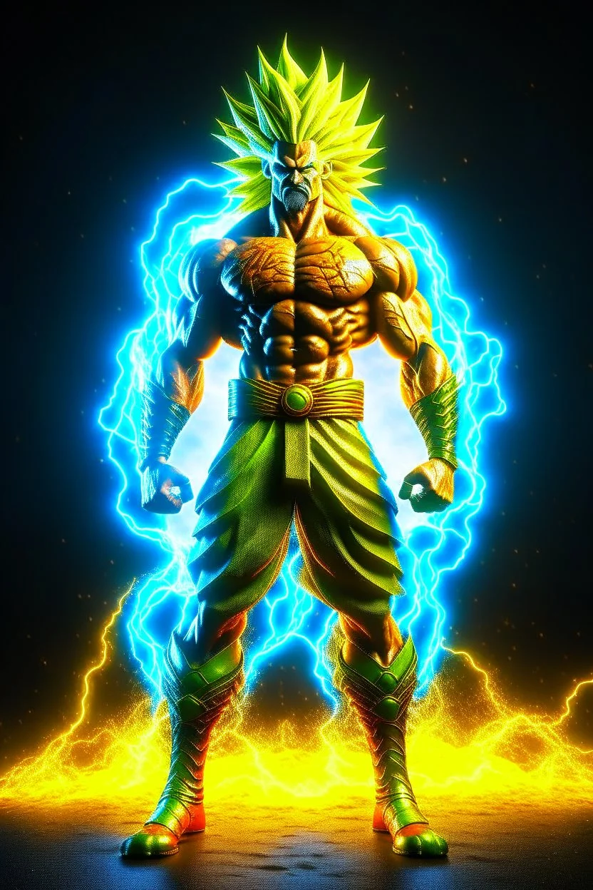 realistic 3d rendering of goku super saiyan fused aquaman, surrounded by lightning, big muscular, full body photography, hyperrealistic