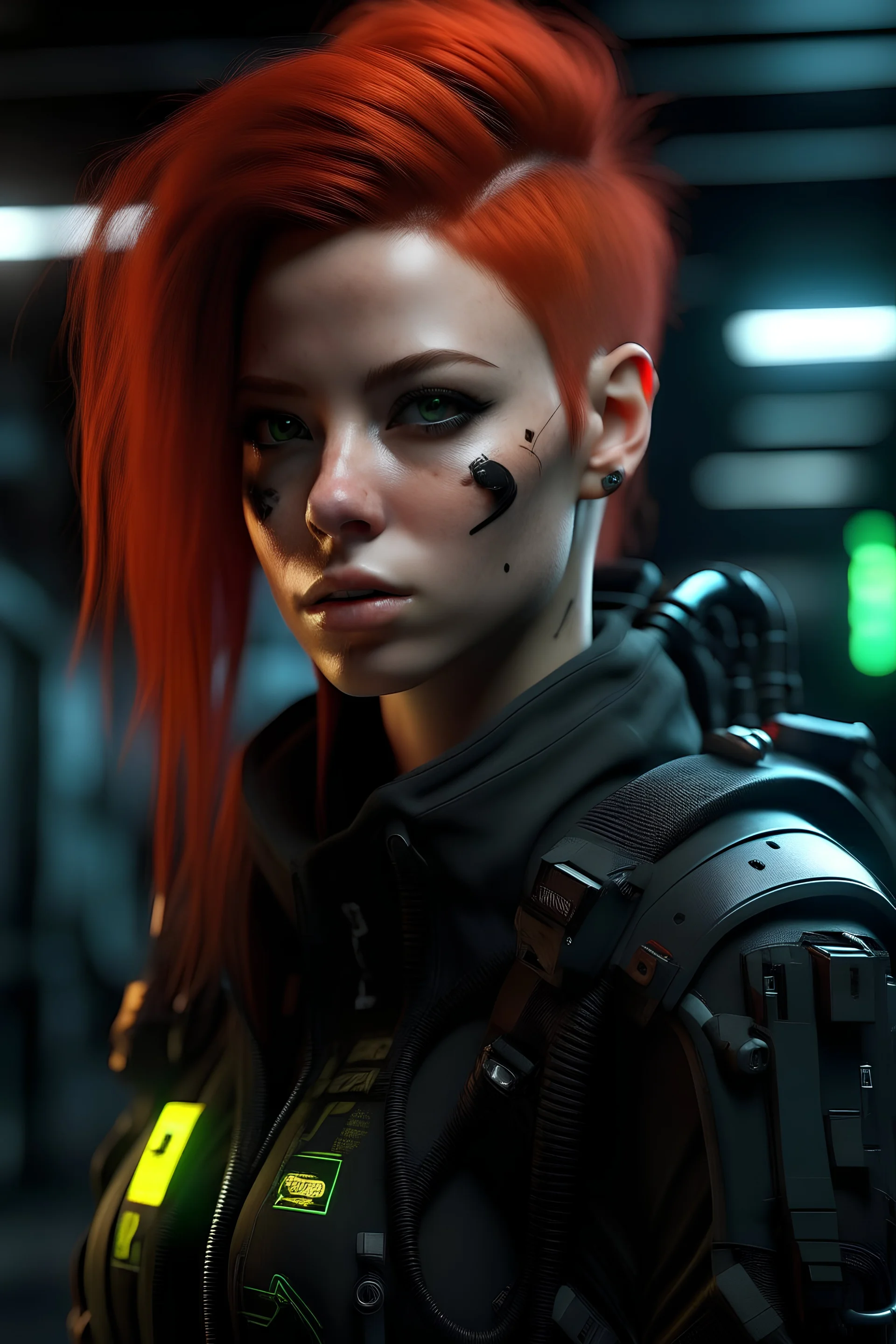 Mujer cabello rojo soldado cyberpunk