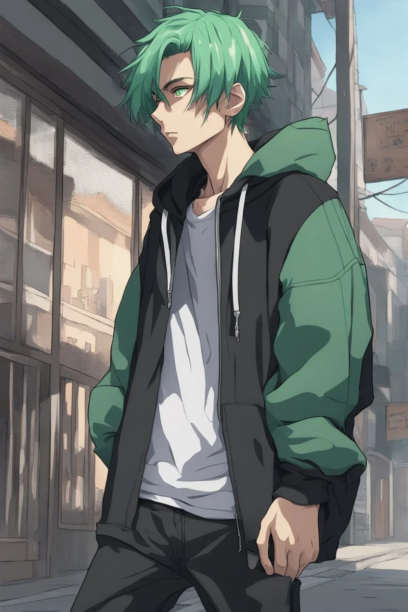 Anime young man with green hair wearing a black hoodie