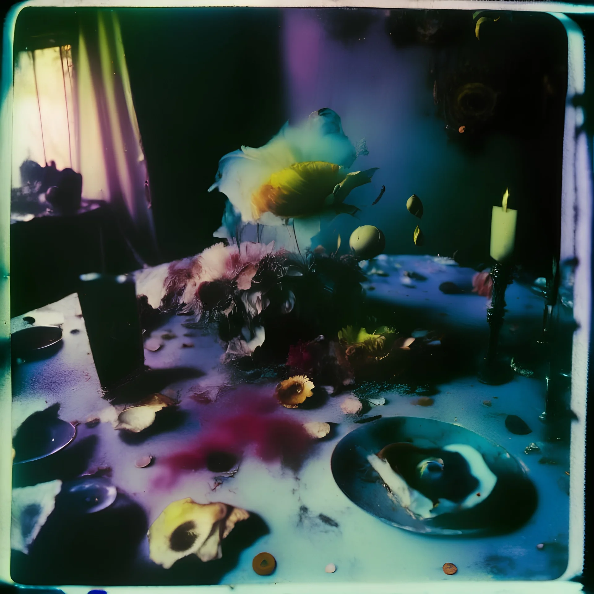 Close up polaroid photography of spooky room, eerie, table, Max Ernst, colored powder, Yves Tanguy, hypnotic, giant flowers, volumetric light, colors, details of the table very accentuated, filthy pieces of dismebered body, strong contrasts and dynamism