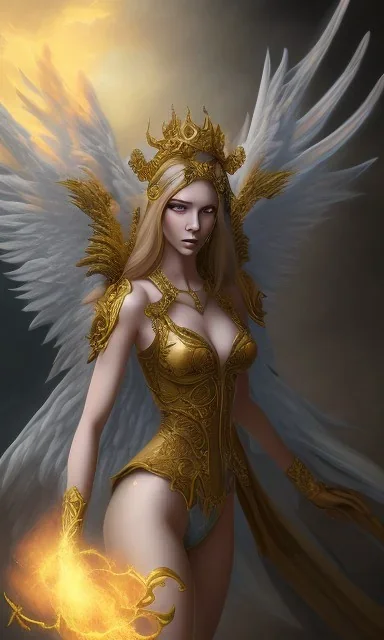 Female angel with big wings and golden crown floating above the ground in the dark, michelangelo style, detailed, world of warcraft style