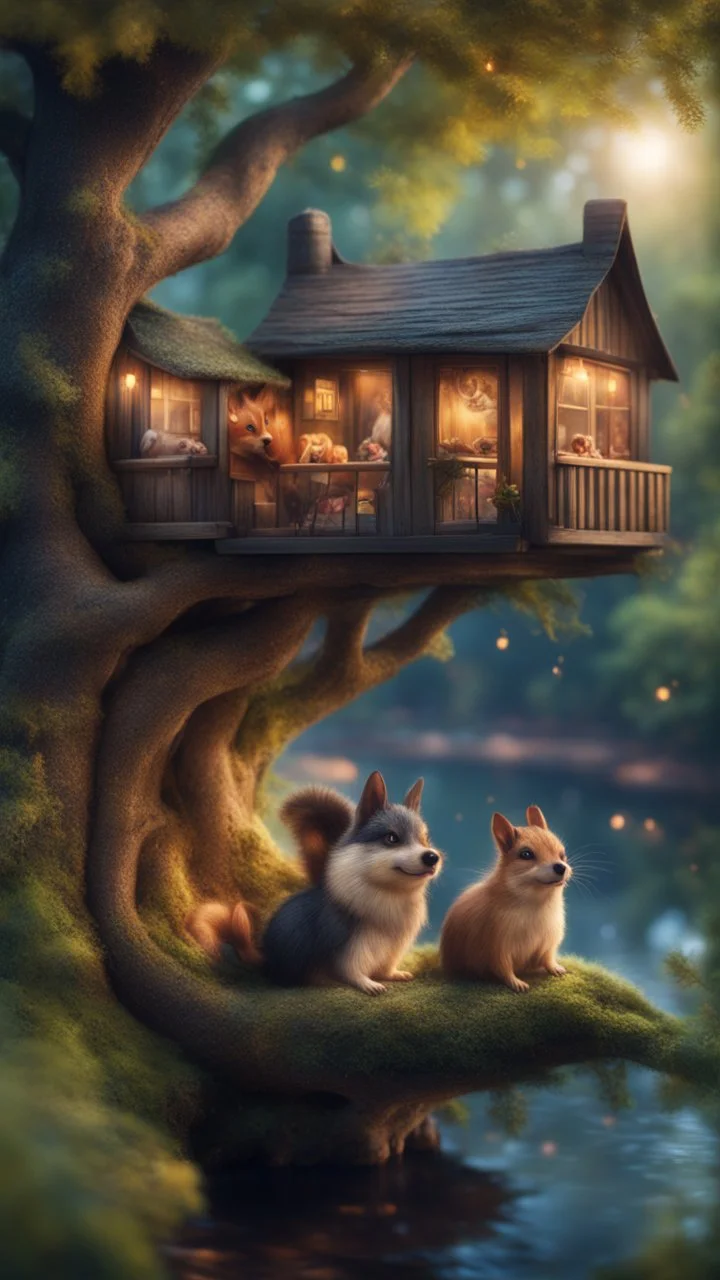 magazine cover with black border, adjust hue for evening, portrait of sleepy dog bug squirrel couple in a tree house in wonderful enchanted magical forest by river,bokeh like f/0.8, tilt-shift lens 8k, high detail, smooth render, down-light, unreal engine, prize winning