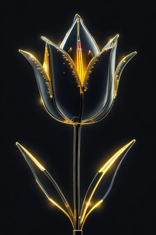 unzoom, centered, Crystal black tulip element shape, glass golden neon, cool gold, delicate science and technology sense line, black background, movie sense, HD, detailed light, cinematic, high detail, 4k, cyberpunk, 3d rendering, 32k , hyper detailed, magical and epic, epic light, the most perfect and beautiful image ever created, image taken with the Sony A7SIII camera, many details 8k speed effect (cinemagraphs) Phi Phenomenon (Mark Wertheimer)