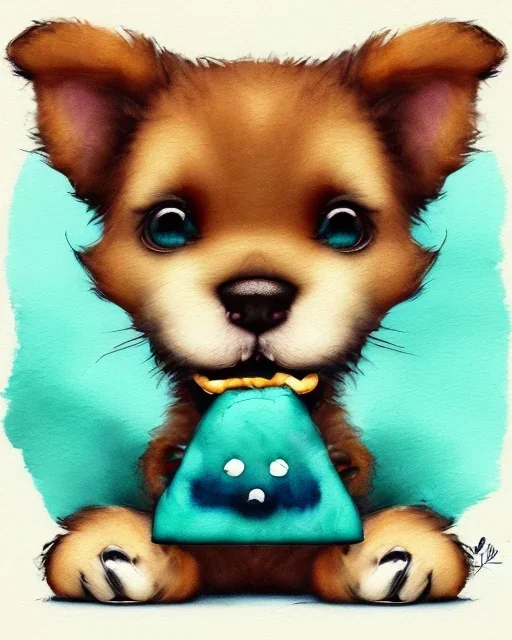 cute puppy eating cheese, art deco, romanticism, watercolor, visual novel, cheerful, furry, sleepy, rembrandt lighting, colorful lighting, blue, teal, aqua, red, purple, yellow, black, detailed, masterpiece