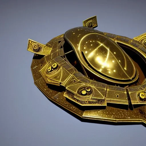 worn large ornate starship made of brass, in space