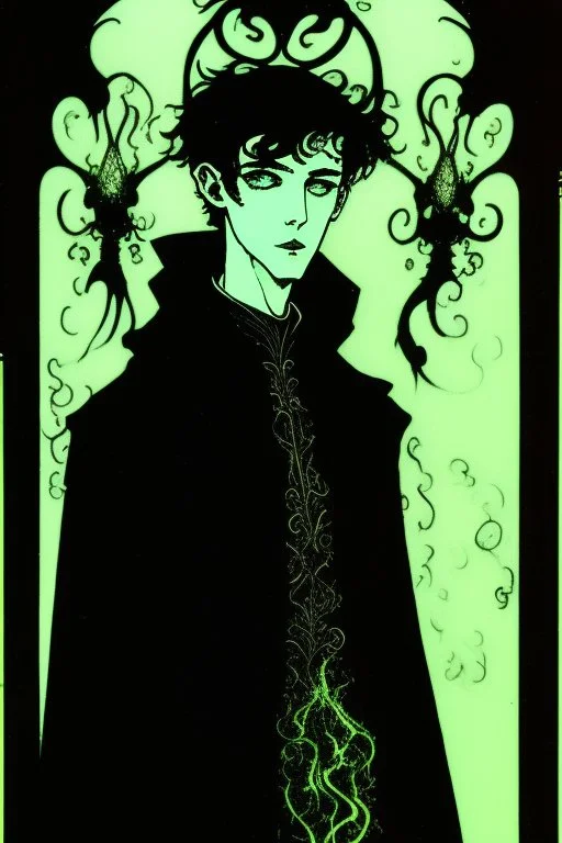 17 year old boy, necromancer, friendly, looks dead, surrounded by weird smoke with eyes, wearing black robes, in the style of Harry Clarke