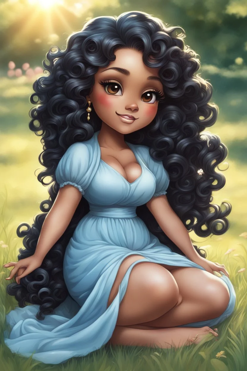 An airbrushed chibi black cartoon of a curvaceous woman with flowing of curly twisted of black hair that's highly detailed, wearing a light blue maxi dress. She sits relaxed on the grass facing the warm sunlight, which illuminates her face as she looks to the side with a small smile, accentuating her prominent makeup and brown eyes.