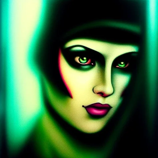 portrait oil on canvas, beautiful punk busty female Blade runner Replicant, intense stare, sad glowing eyes, post-apocalyptic in a cyberpunk city,minimal skintight latex dress, bladerunner movie poster, realistic, Crystal Big green eyes , intricate detail, , sci-fi fantasy style, masterpiece, volumetric lighting, particles, highly detailed ,cinematic , deep colours,8k, in the style of Kaare Andrew