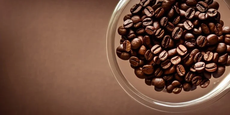 cinematic shot of coffee beans inside a glass bowl, glass, crystal, dewdrops, warm lighting, soft lighting, sunbeam, linen