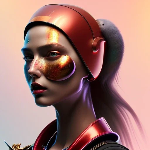 woman, rounded face, red, round grunge helmet, decorative color feathers, retro futuristic, latex coat, vibrant color, highly detailed, art stations, concept art, smooth, unreal engine 5, god rays, ray tracing, RTX, lumen lighting, ultra detail, volumetric lighting, 3d, finely drawn, high definition, high resolution.