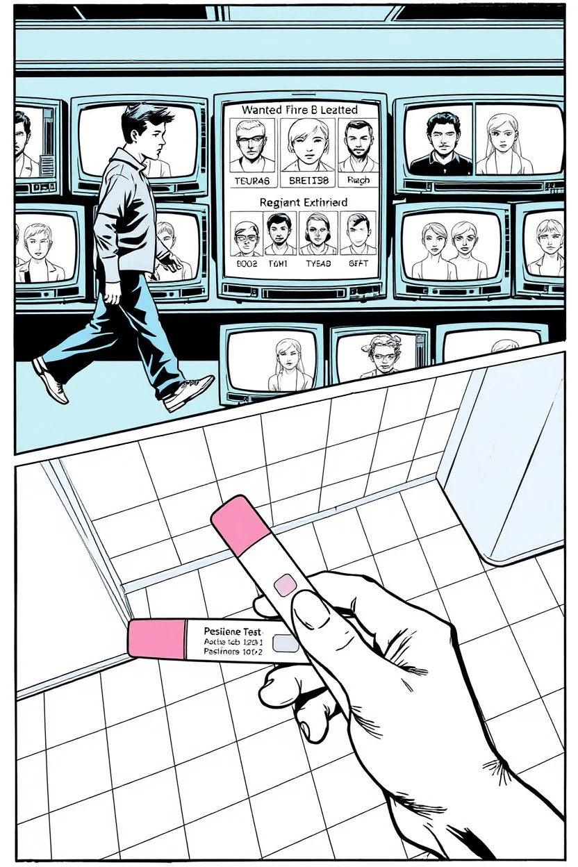 uncolored comic book page: top panel(ban walking past a display of televisions on which a bulletin of wanted criminals mugshots appears), bottom panel(pov a woman's hand holding a pregnancy test that shows a positive result, tile floor below), panels divided at an angle
